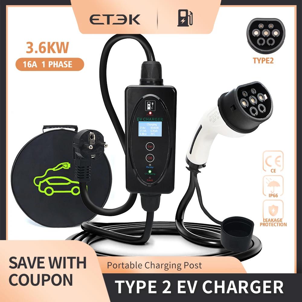 

ETEC Protable Charger 1PH 16A/32A 3.7KW With Type 2 Plug & 4 Meters Charging Cable+CEE power Plug&1Meter power Cable,6A/8A/10A/1