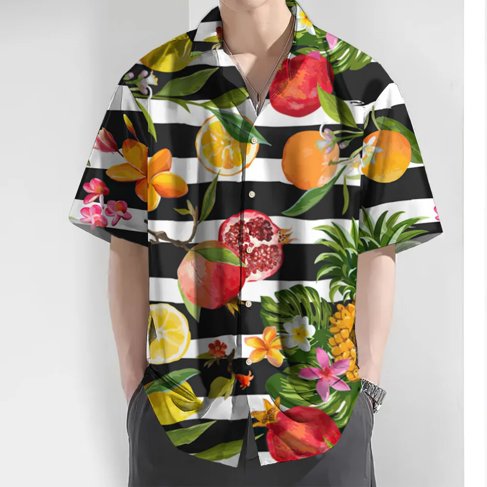 

New Striped Men's Shirt Fruit Printed Short Sleeve Shirt For Men Daily Casual Hawaiian Shirt Oversized High Quality Men Clothing