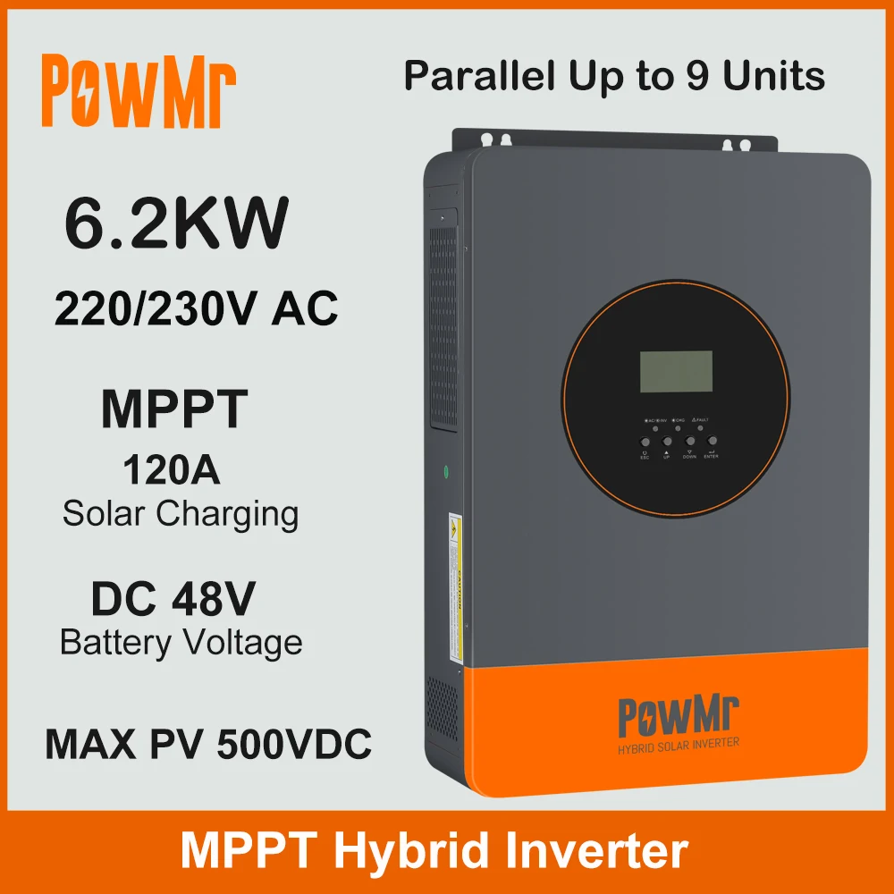 

Солнечный гибридный инвертор 6,2 кВт, 48 В постоянного тока до 230 В переменного тока, встроенный 120 А, MPPT, контроллер солнечного заряда, инвертор чистой синусоидальной волны, подходит для лития