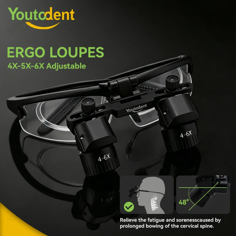 Youtodent 48° Ergo Loupes 4X-6X Adjustable Dental Binocular Magnifying Glasses Wide Angle Prevention Cervical Spondylosis Medica