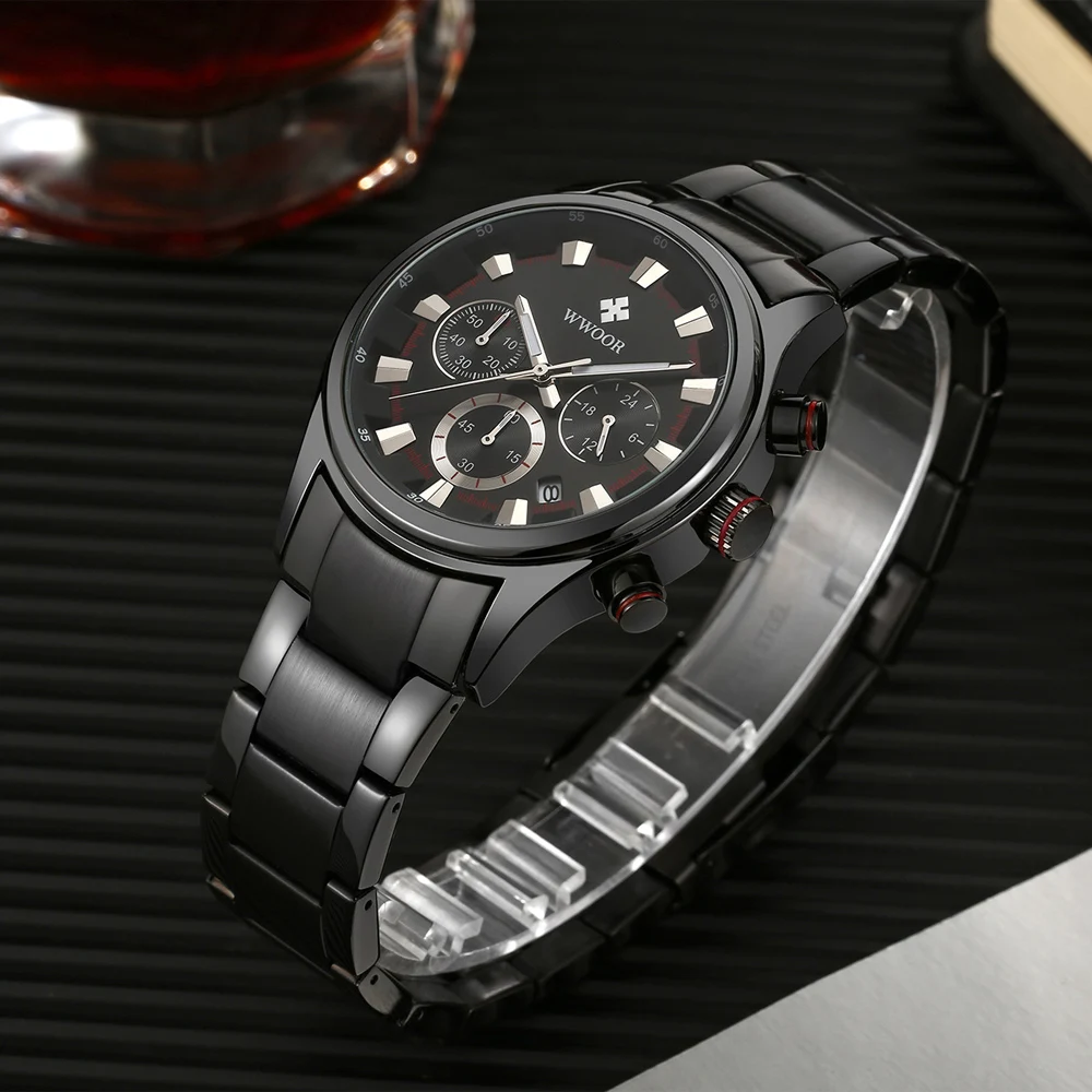 2024 Fashion Wwoor Luxury Military Waterproof Luminous Date Chronograph Sport Quartz Full Stainless Steel Men's Business Watches