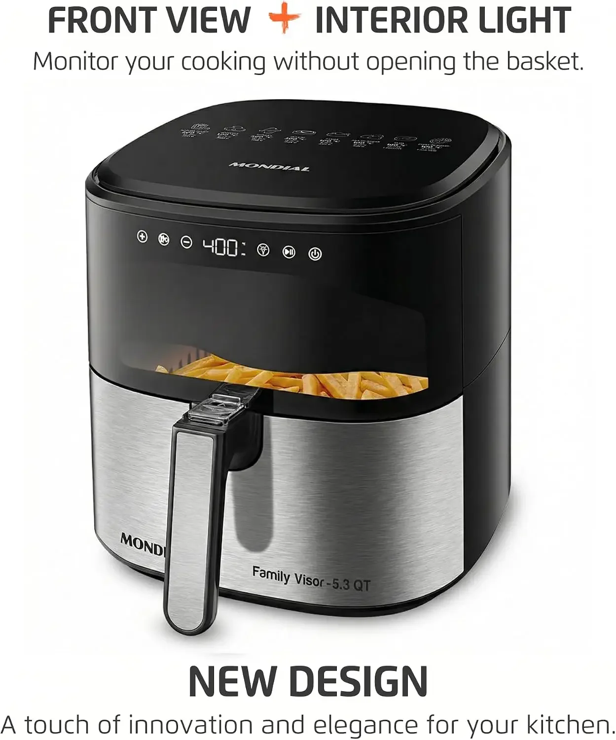 - Air Fryer Digital Visor Inox 5.3QT Capacity - High Power & Elegant Stainless Steel Finish - Black & Inox