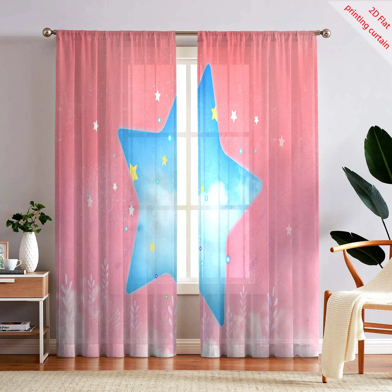 Pink starry sky pattern printed gauze curtain, cartoon transparent curtain, office, dormitory, home balcony window decoration