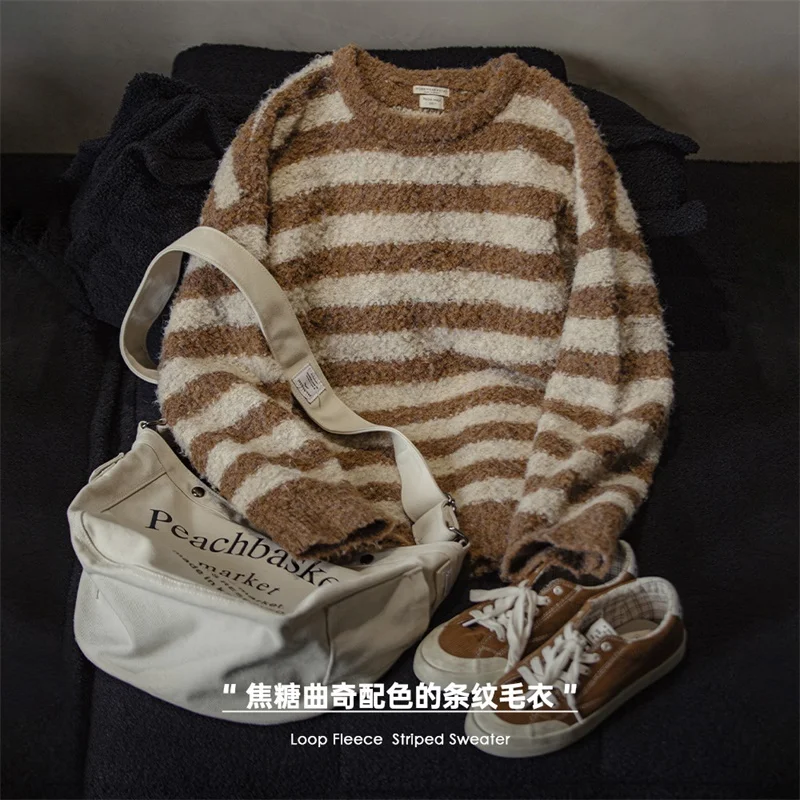 Maden Oversize Striped Sweater for Women Autumn and Winter Loop Fleece Pullover Knitwear Warm Top Loose-fit Thick Sweater