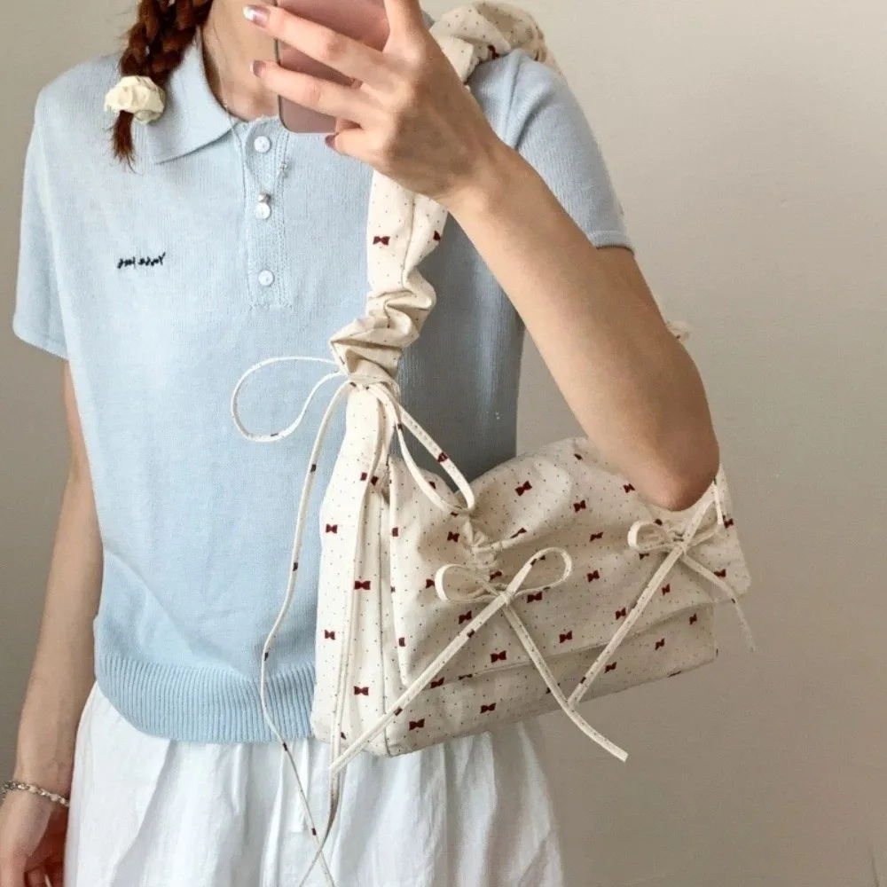 

Casual Korean Bow Ribbons Bag Leisure Versatile Pleated Shoulder Bag Y2k Sweet Women's Underarm Bag Daily