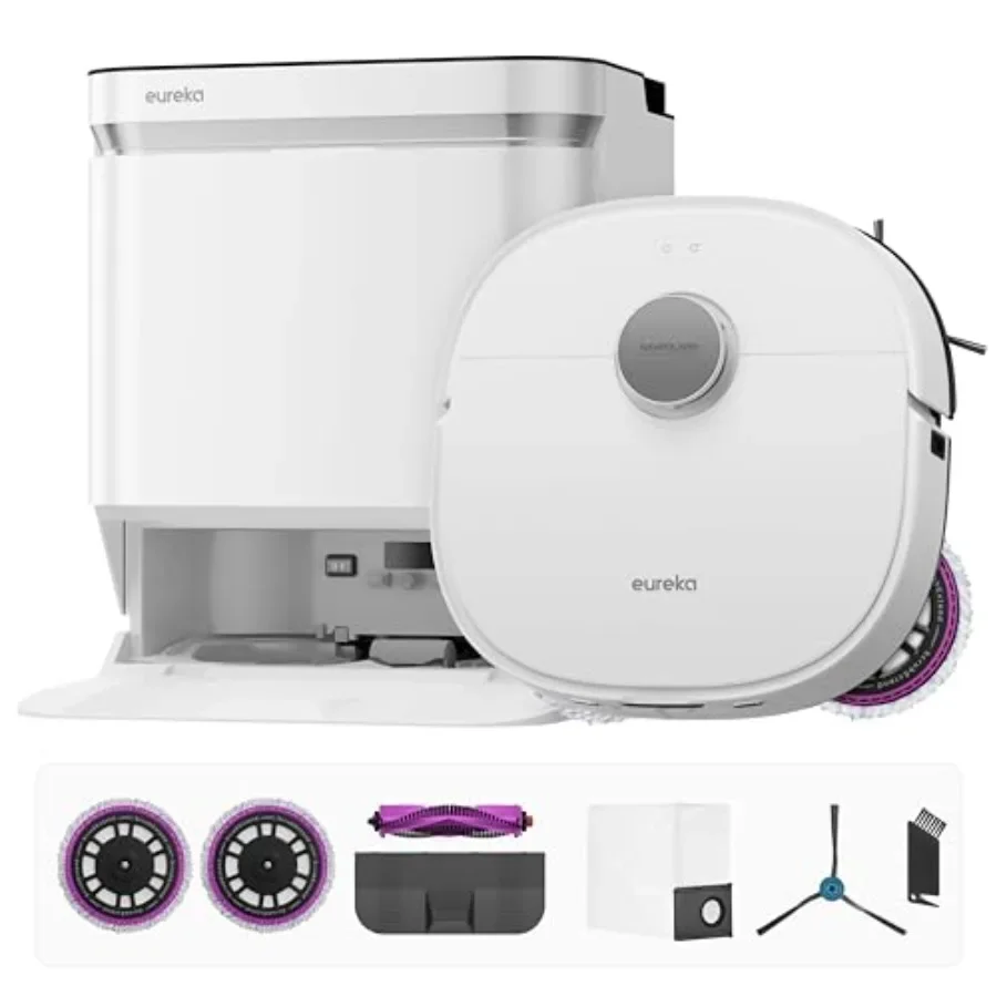 

Robot vacuum and mop for home use, white ABS plastic, 16, 200 Pa suction with self-emptying base, flex-arm mop, hot water washi