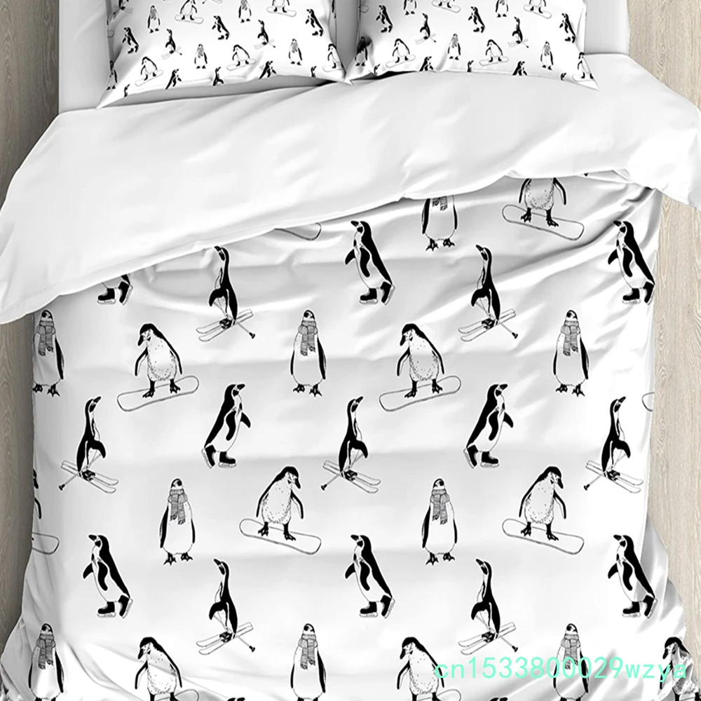 Kids Bedding Set For Bedroom Bed Home Skiing Penguins On Snowboards Winter Sports Themed P Duvet Cover Quilt Cover Pillowcase