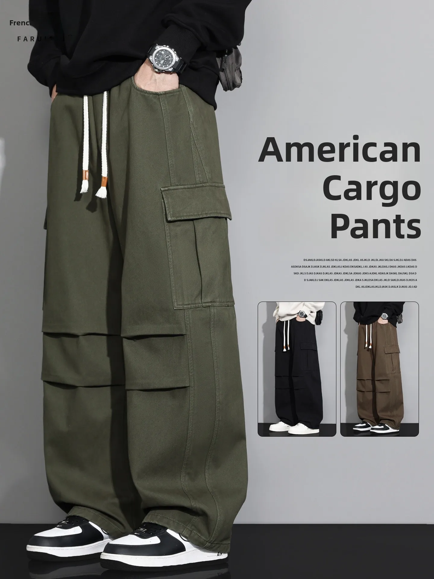 

Мужские повседневные хлопковые рабочие брюки свободного кроя с прямыми штанинами, весенне-осенние, с отворотами, в стиле милитари, удобные