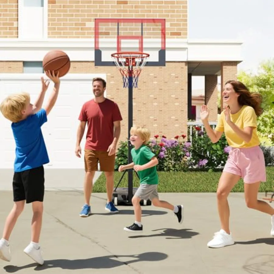 ห่วงบาสเก็ตบอลแบบพกพาสำหรับใช้งานกลางแจ้ง พร้อมระบบปรับความสูงได้ตั้งแต่ 3.3 ถึง 7 ฟุต พร้อมแผ่นหลังกันกระแทกและล้อสำหรับ E