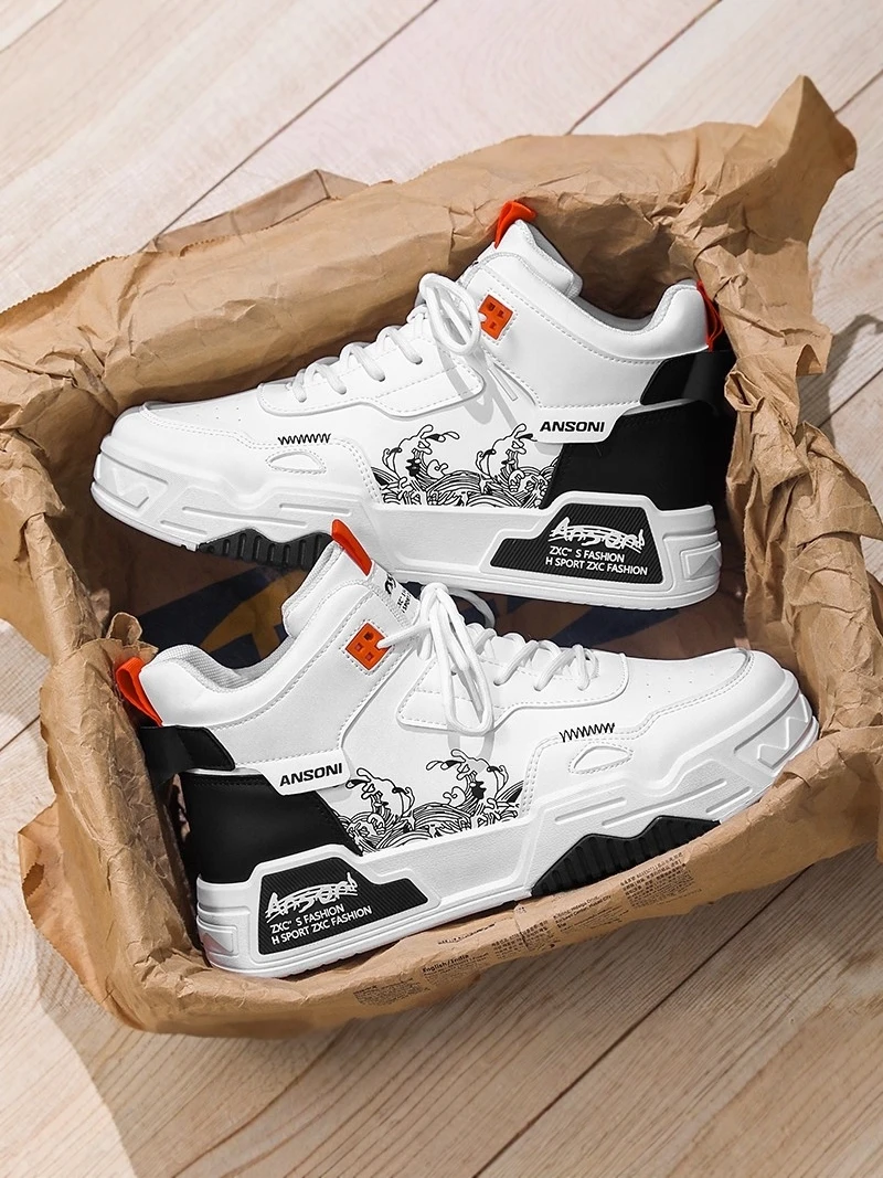 Youth Trendy High Top Men's Shoes Spring Autumn PU Material Laced Sports Casual Shoes Korean Style Shock Absorption Thick Bottom