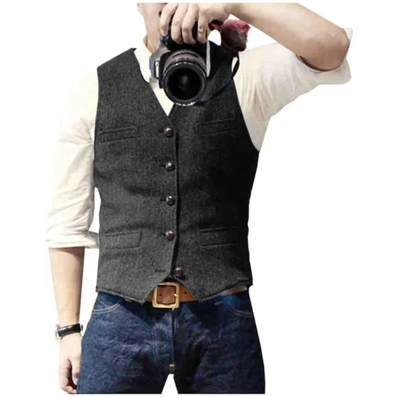 

Men's Suit Vest V Neck Wool Herringbone Tweed Casual Waistcoat Formal Business Vest for Green/Black/Brown/Coffee
