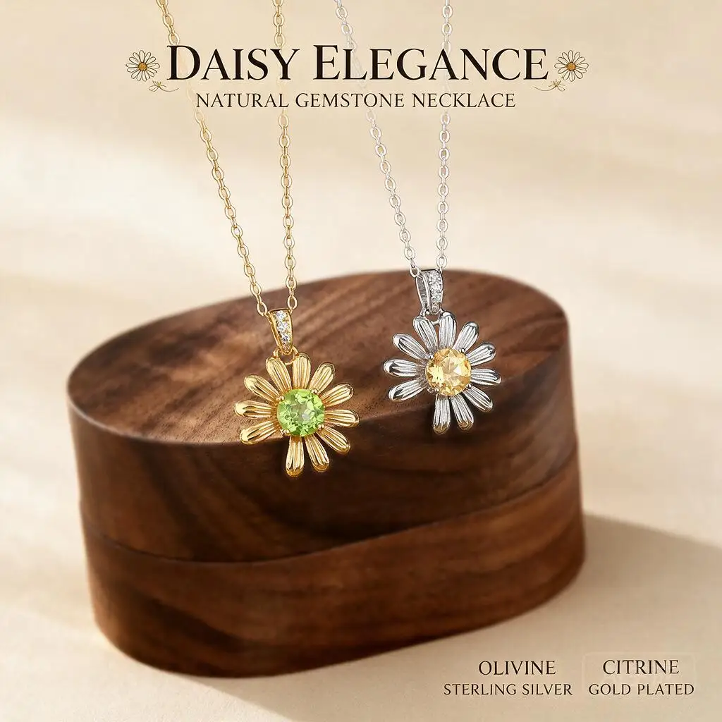 Luxury S925 Silver Daisy Pendant Necklace Women Natural Amethyst Citrine Topaz Peridot Garnet Rustic Clavicle Chain Gold Silver