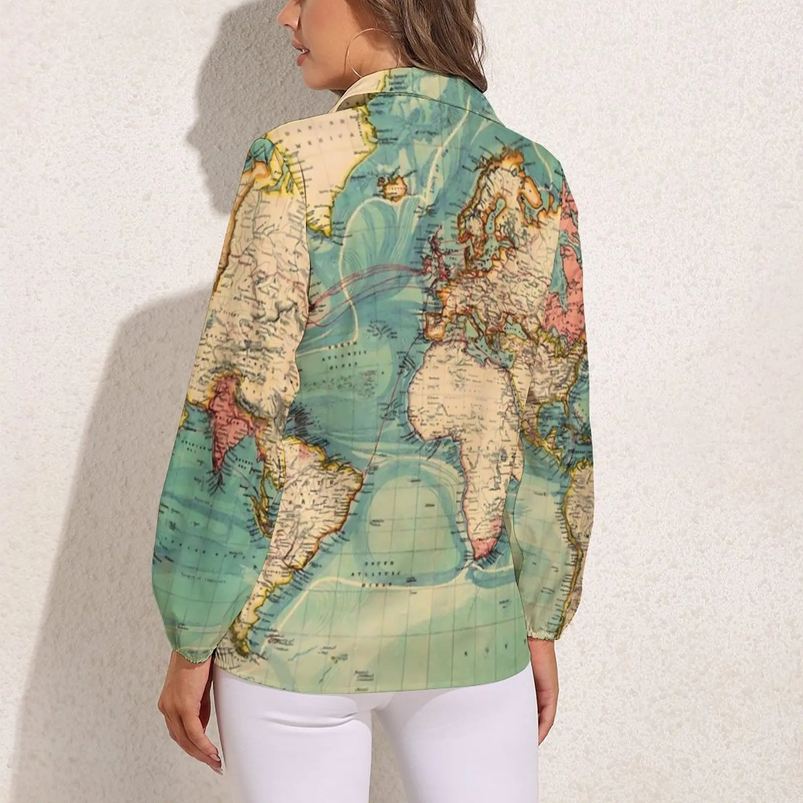 World Map Loose Blouse Vintage Map of The World 1883 Fashion Oversized Blouses Womens Long-Sleeve Retro Shirt Spring Design Top