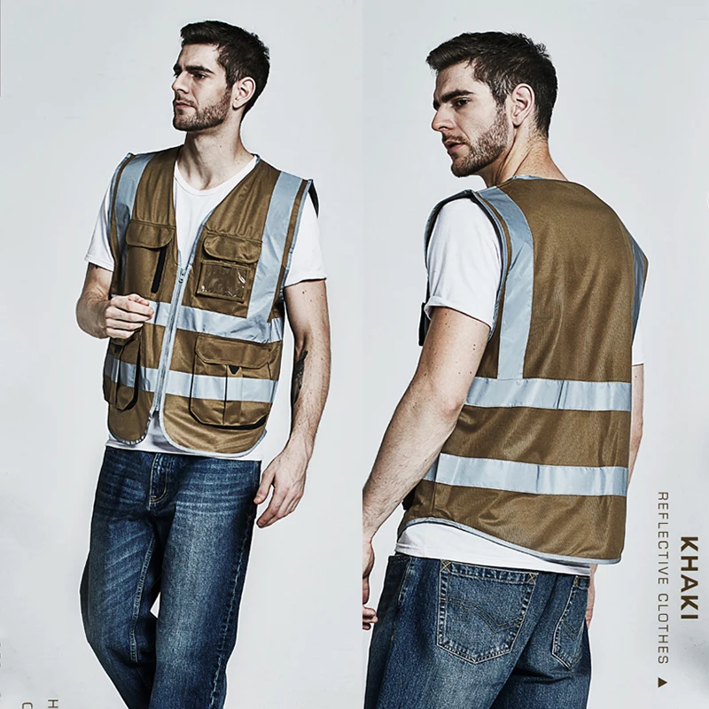 SFVest Men\'s cargo work vest multi pockets golden safety vest reflective waistcoat workwear ogo printing