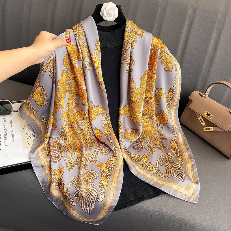 

Female Fashion Multi Function Travel Shawl 110cm Square Imitated Silk Foulard Floral Printed Muslim Hijab Scarf