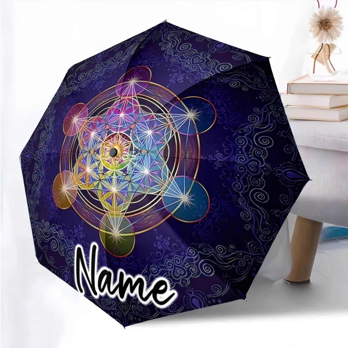 Custom Name Umbrella Geometric Pattern on Dark Blue Umbrella Print 8 Iron Ribs Folding Umbrella Auto-Open Fashion Sunshade