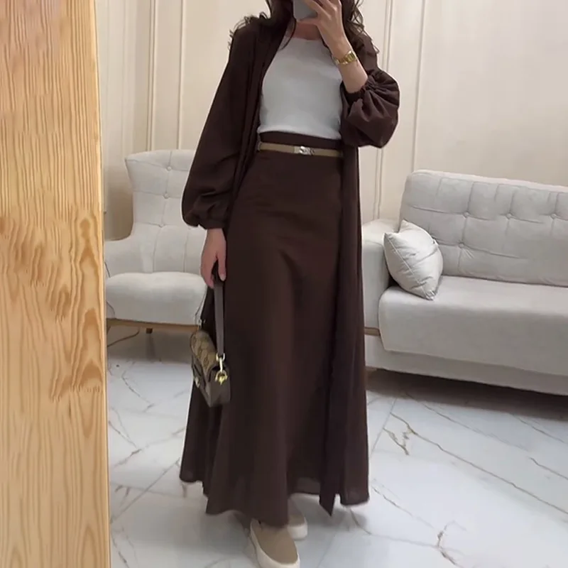 Women's 2025 Spring and Autumn Satin Bubble Sleeves Elegant Cardigan Robe Strap Half Body Two Piece Set