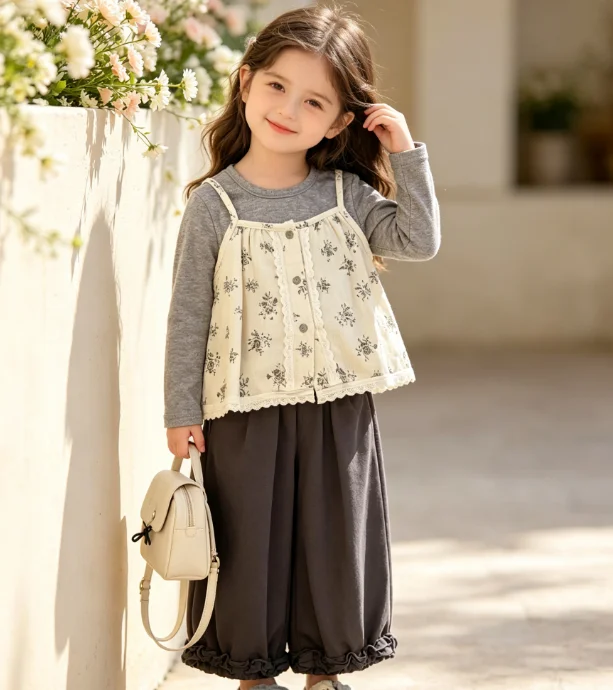 Girls Suit 2026 Spring and Autumn New Childrens Wear Girls Baby Knitted Suspender Floral Bottom Shirt and Pants Three-piece Set
