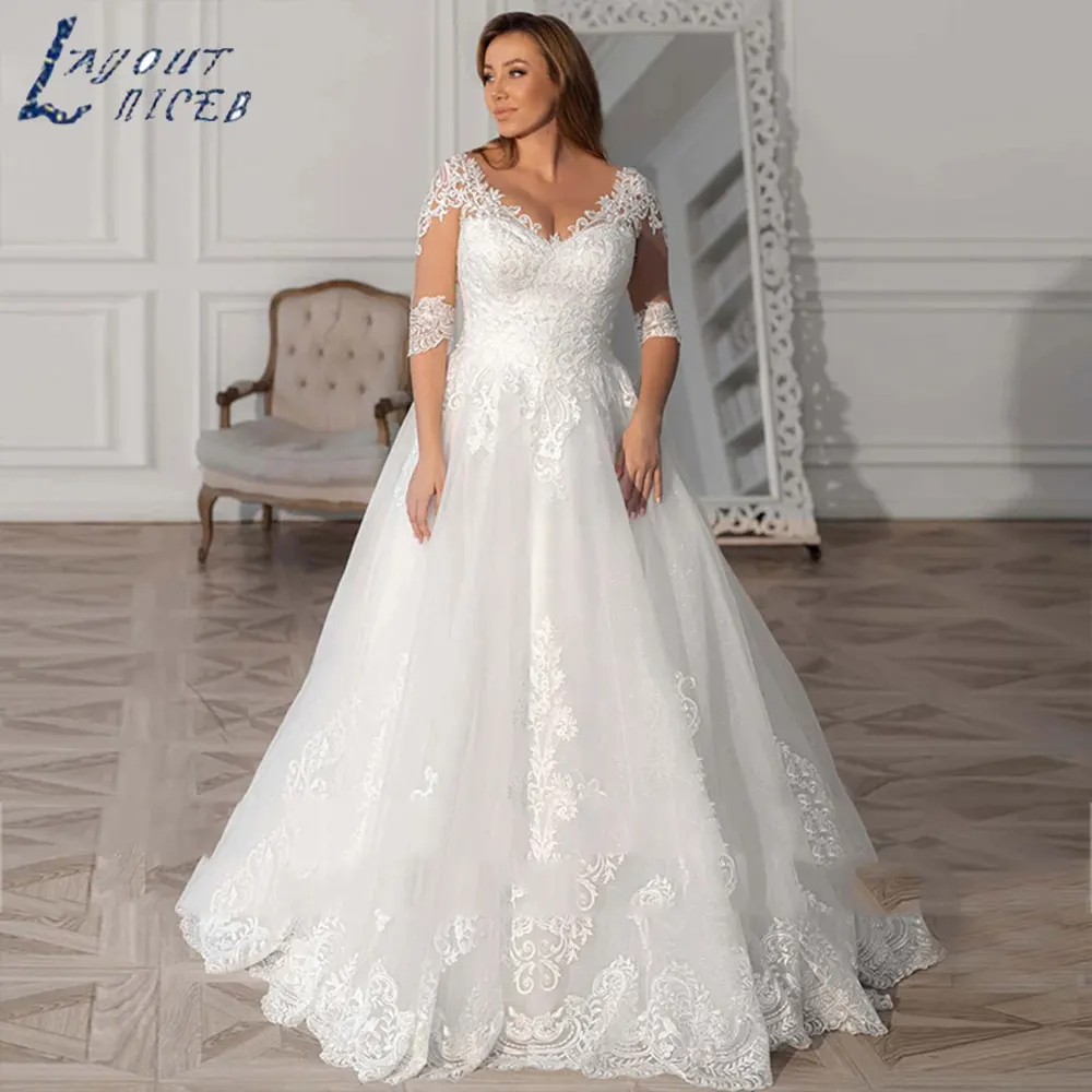 LAYOUT NICEB Simple A-Line Wedding Dresses Plus Size Women V-Neck Bride Gowns Half Sleeves Applique Vestido De Noiva Custom Made