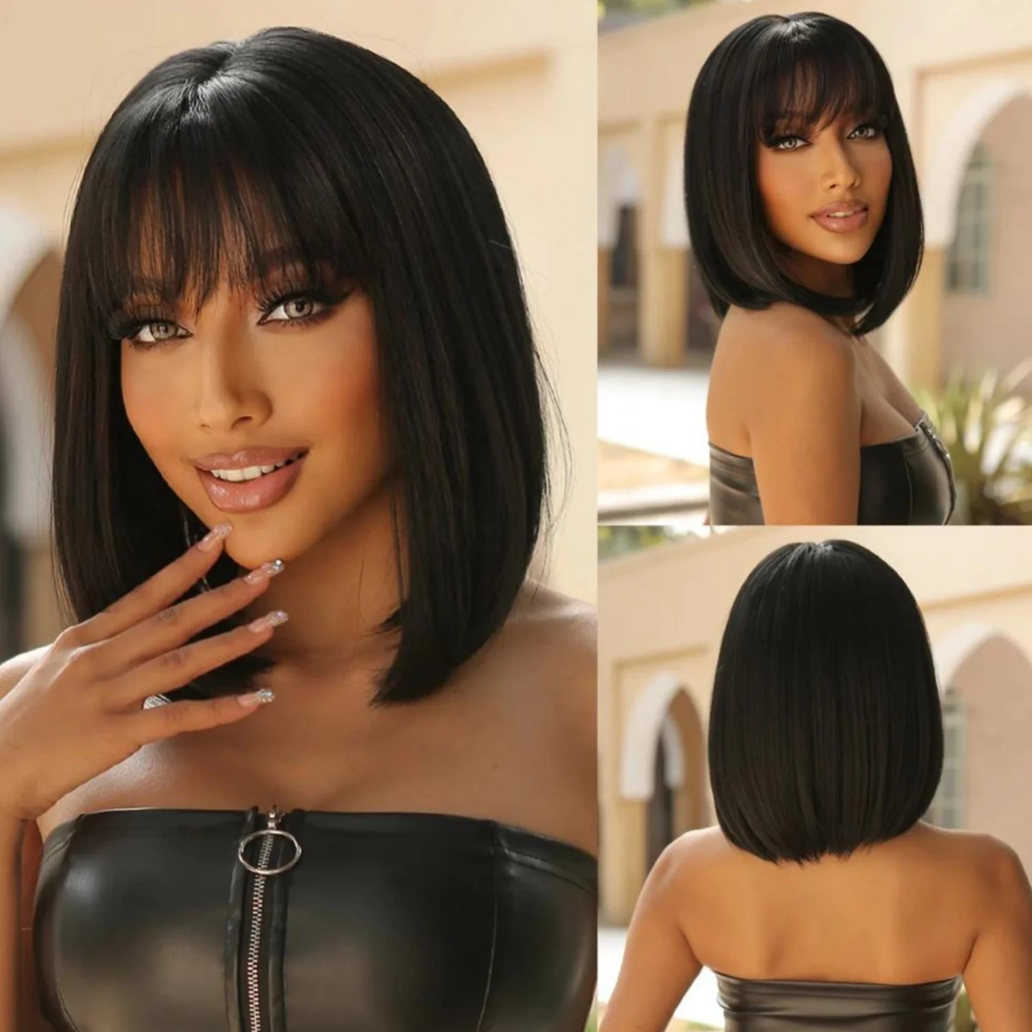 باروكات صناعية قصيرة مستقيمة من بوب مع غرة، باروكات شعر سوداء للنساء، باروكات للحفلات التنكرية اليومية، مقاومة للحرارة