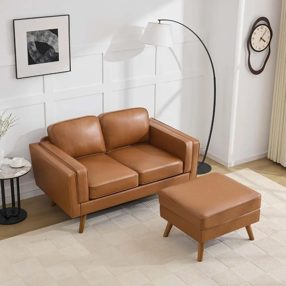 

Modern Sofa Set with Loveseat and Ottoman, Century Style Leather Couch, Solid Wood Frame, Brown