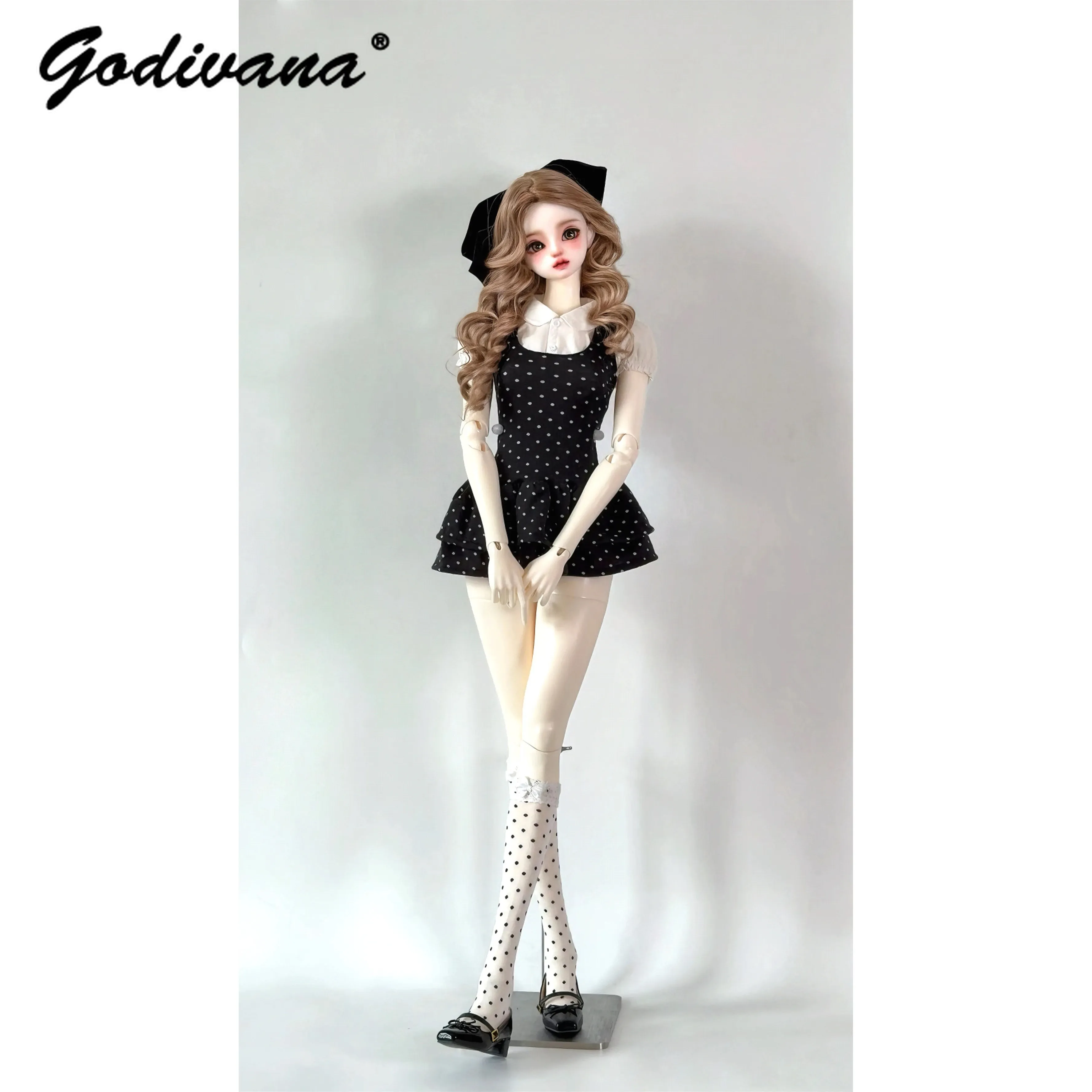 1/3 BJD Doll Preppy Style Outfit Retro College Look Multiple‑styles Satin Polka‑dot Plaid Dress Skirt Set for 1/3 BJD Clothes - view 3