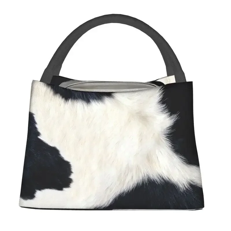 Print Black And White Cow Hide Insulated Lunch Bags for Women Simulated Cowhide Textured Portable Thermal Cooler Food Lunch Box