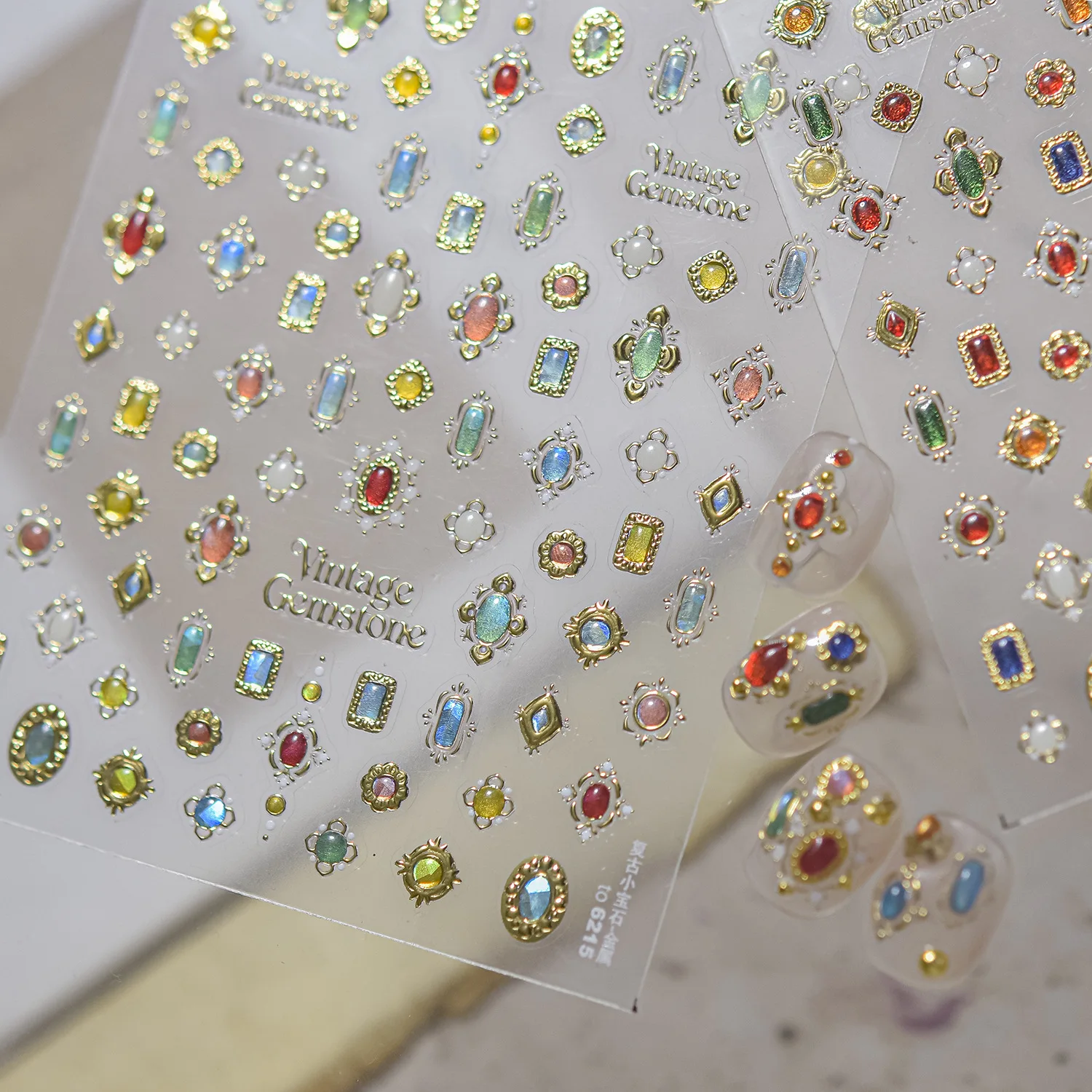Luxury Vintage European Court 5D Nail Stickers Golden Imitation Gems Oval Teardrop Square Colorful Gem Self Adhesive Nail Decor