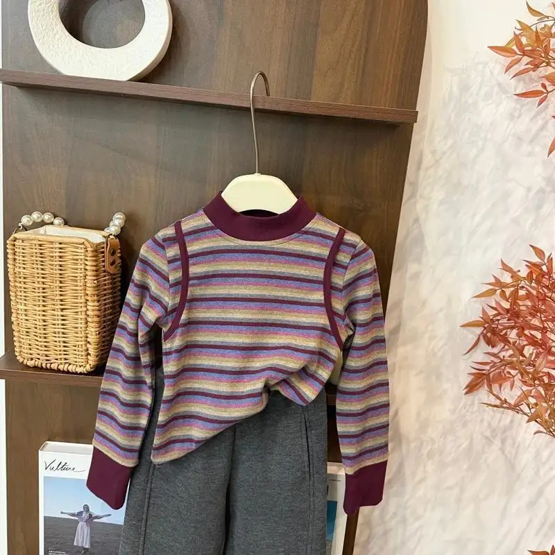 Girls Spring Striped Long Sleeve T Shirt 2026 Spring New Medium Large Kids Stylish Casual Undershirt Top Trendy