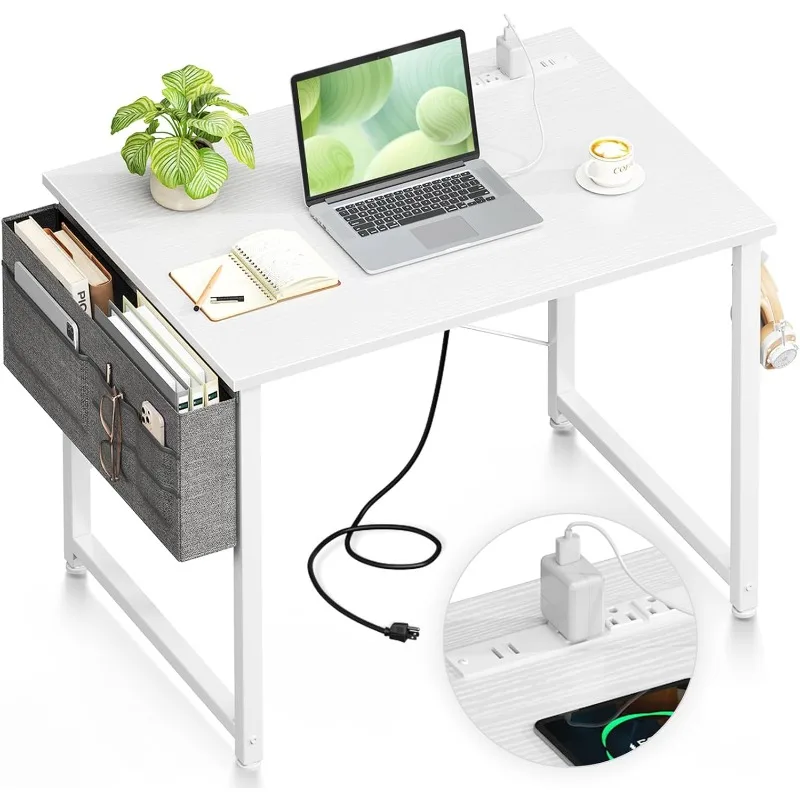 32 inch Small Computer Desk with Power Outlet, Teen Study Table Home Office Work Writing Desks with Charg