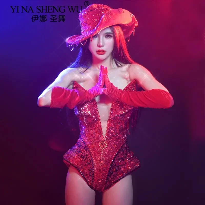 

Singer Festival Outfit Nightclub Party Costume Silver Rhinestone Bodysuit Gogo Dancing Pole Wear Glitter Performance Top Hat