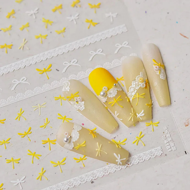 Retro Yellow Dragonfly Bowknot White Lace Flower Ribbon Bow Pearl Rhinestone Bow Tie Nail Art Decoration Stickers Manicure Decal