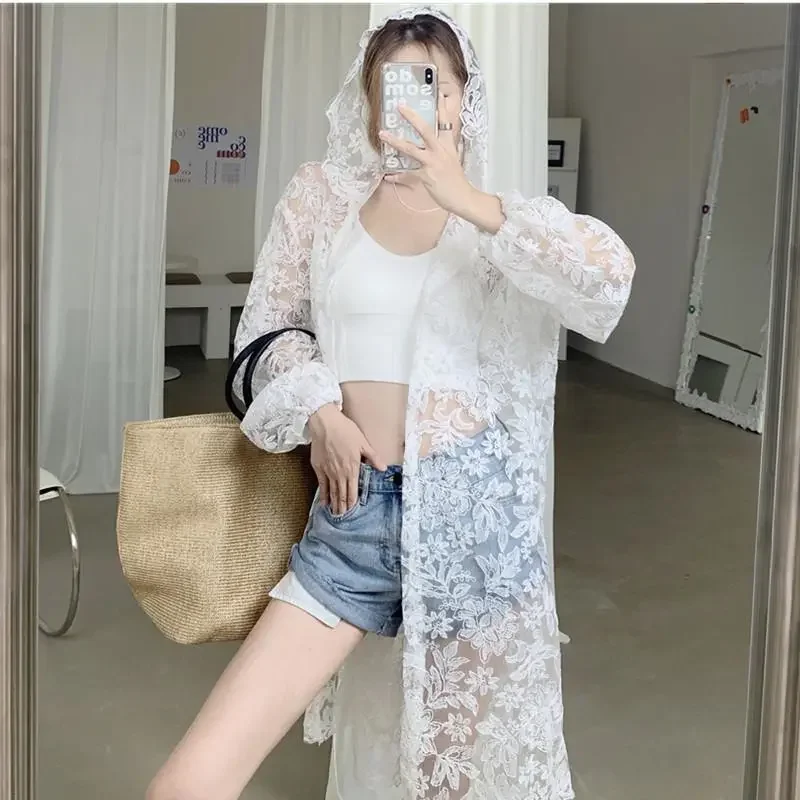 Chaqueta con capucha para mujer, chaqueta de protección solar de encaje, talla grande, holgada, Retro, longitud media, fina, coreana