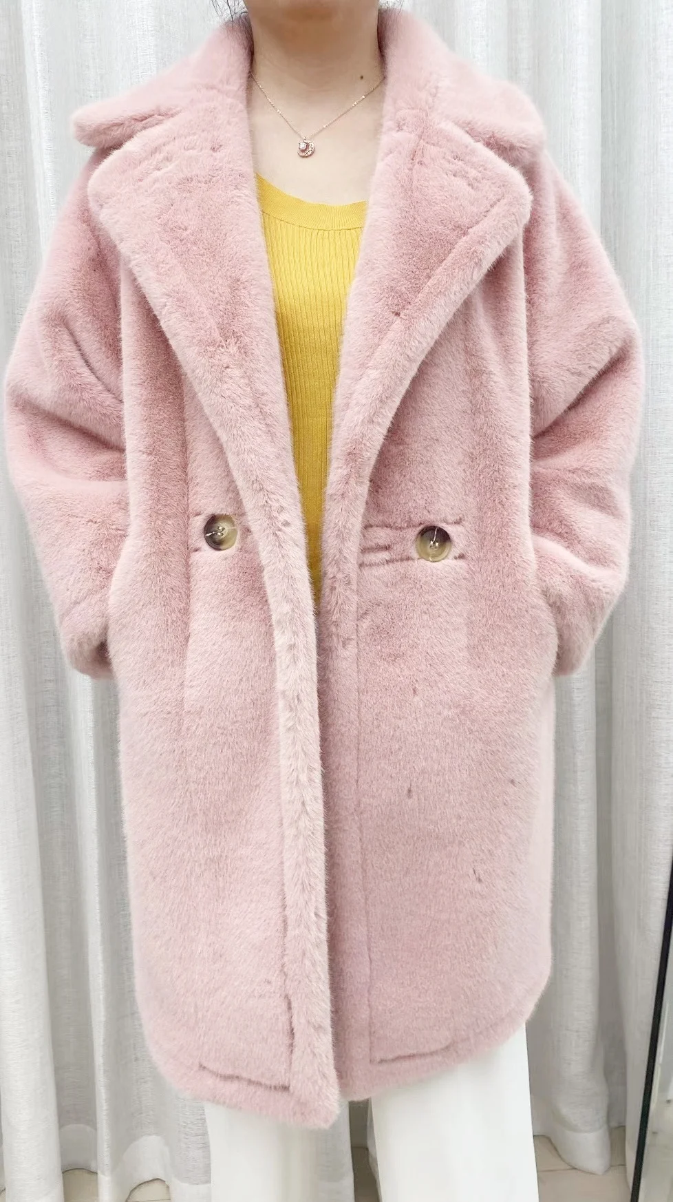 Faux fur coat jacket midi hooded double-breasted thickened warm loose women's coat Fall/Winter 2024 new