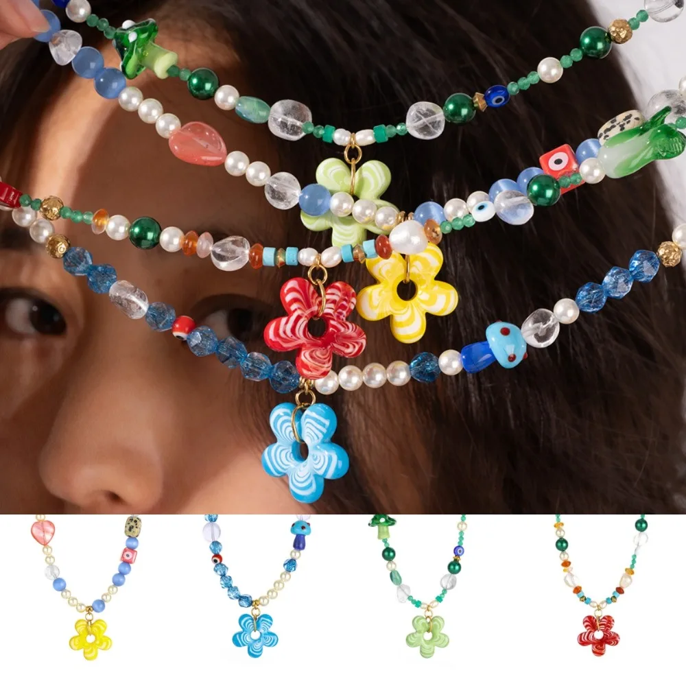 

Childishness Flower Necklace Colorful Handmade Floral Chain Choker Sweater Chain Coloured Glaze Beads Pendant Necklace Girls