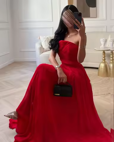 Customized Formal Party Occasion Saudi Arabian Evening Dress Red Chiffon Sleeveless Ball Dresses Strapless Pleated Backless Gown