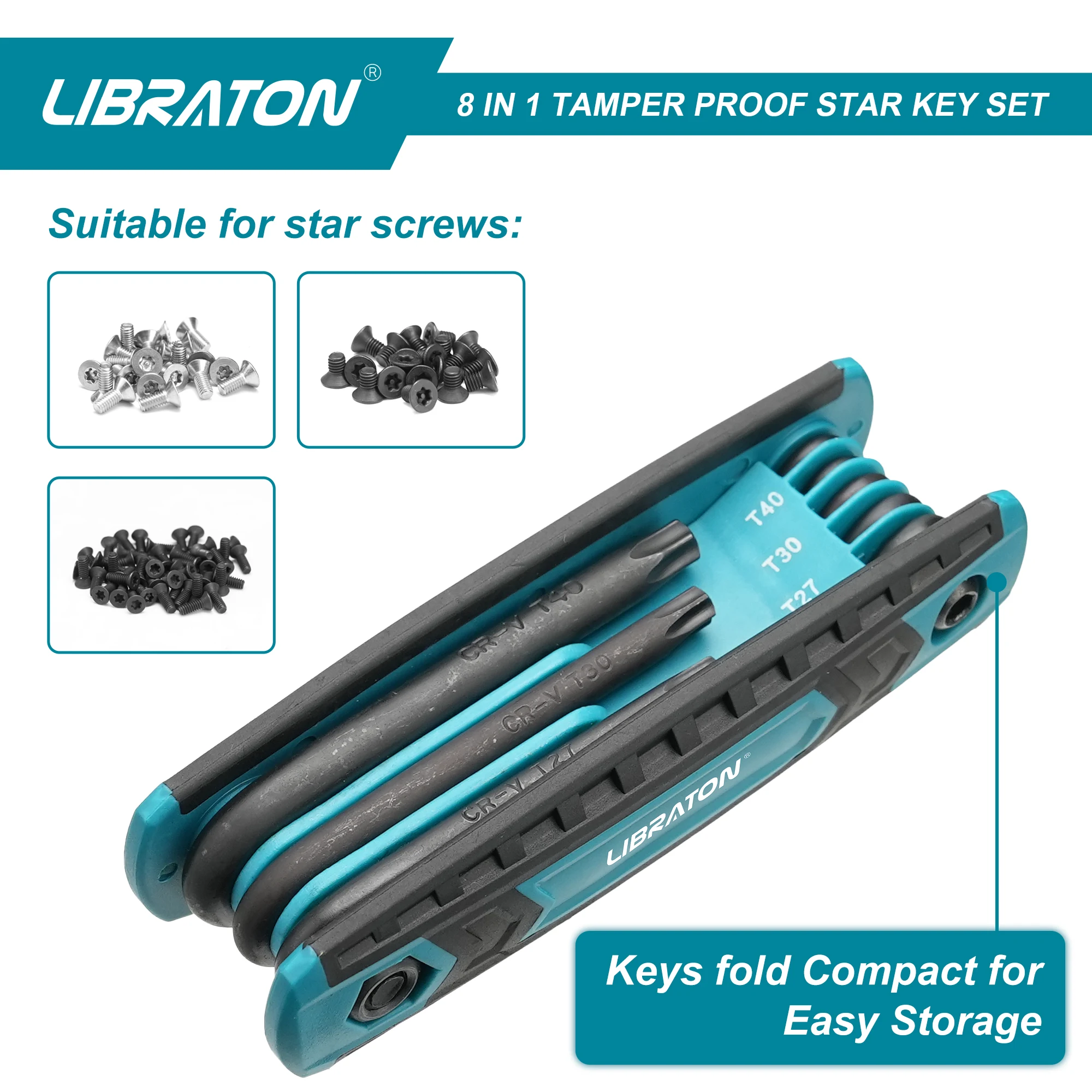 Libraton 8 in 1 Folding Tamper Proof Torx Key Set, Pocket Portable Tamper-Resistant Security Star Wrench Kit Sizes T-9 to T-40