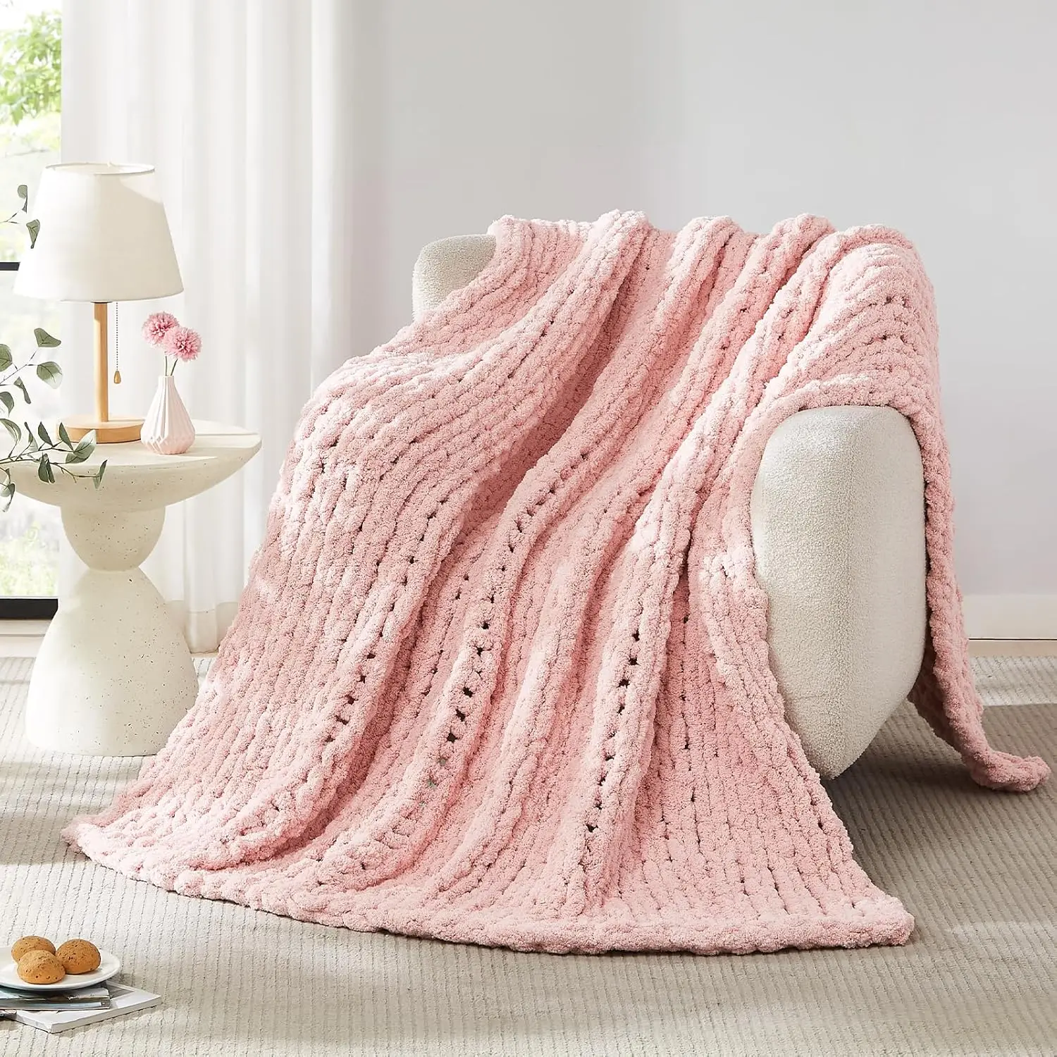 

Chunky Knit Blanket Throw Chenille Chunky Knitted Throw Blanket for Bed Couch Handmade Thick Big Cable Knit Blanket