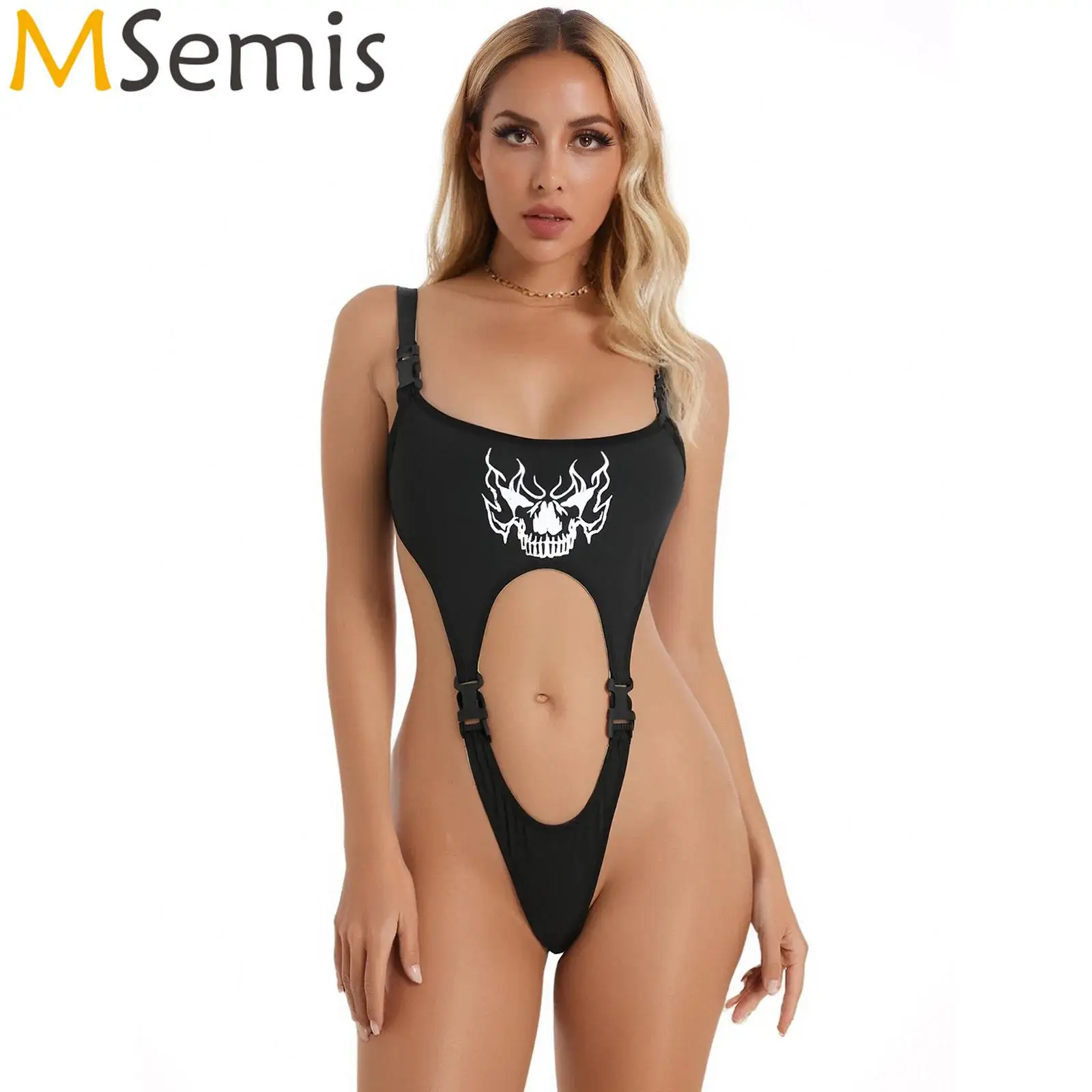 

Womens Print Bodysuit Swimsuit Buckle Shoulder Strap High Cutting Hollow Out Sling Leotard Lingerie One Piece Bikini Swimwear