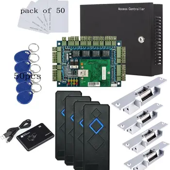 TCP/IP 4 Door Entry Access Control Panel Kit, Electric Strike Fail Secure, Power Supply Box, RFID Reader, APP remotely Open Door