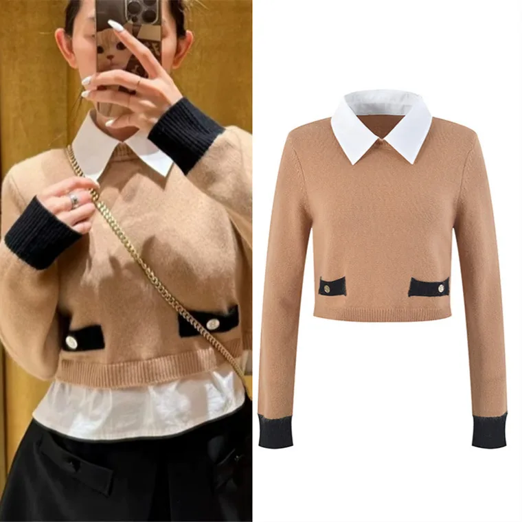

High-End Spliced Knitted Sweater irt Collar Color Blo Long Sve Regular Length Autumn Winter Women's Faion Top