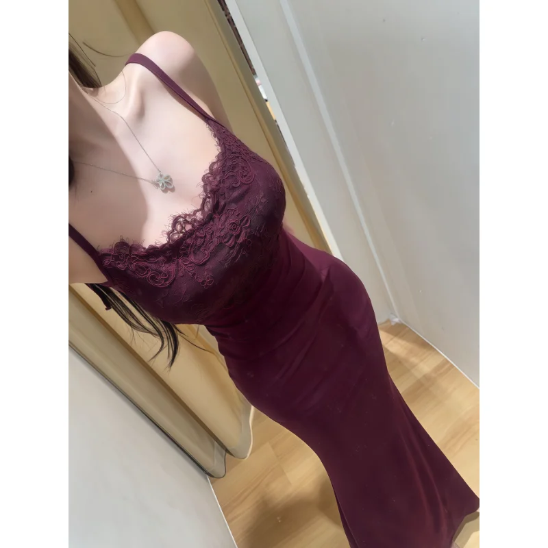 Pure Desire Sexy Lace Splice Strap Dress Women's Slimming Wrap around Skirt Casual Style No Sleeve Waist Cinched Dress