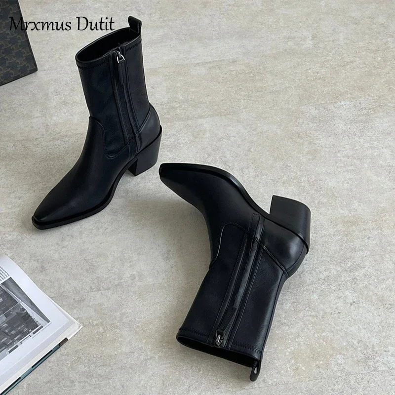 Mrxmus Dutit 2024 Women New Autumn Winter Genuine Leather Rough Heel Pointed Head Boots Shoes Simple Fashion Shoes Female Chic