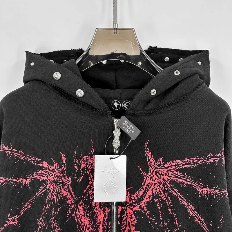 24FW Thug Club Jacket Demon Skull Flying Dragon Print Hoodie Streetwear Fashion Loose Hip Hop Men's Women's Hoodie Zipper Coat