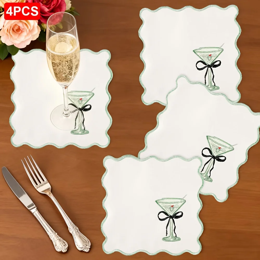 4pcs Set Champagne Flute Embroidered Napkins, Western Restaurant Decorative Mats, Polyester Mouth Cloths, Kitchen Coasters