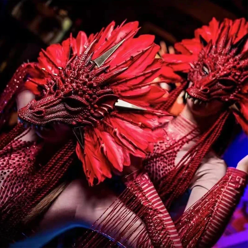 Pena Vermelha Cabeça Dragão Chinês, Roupa Festival, Discoteca Dj Ds Gogo Dança Cosplay, Exagerado Traje De Palco