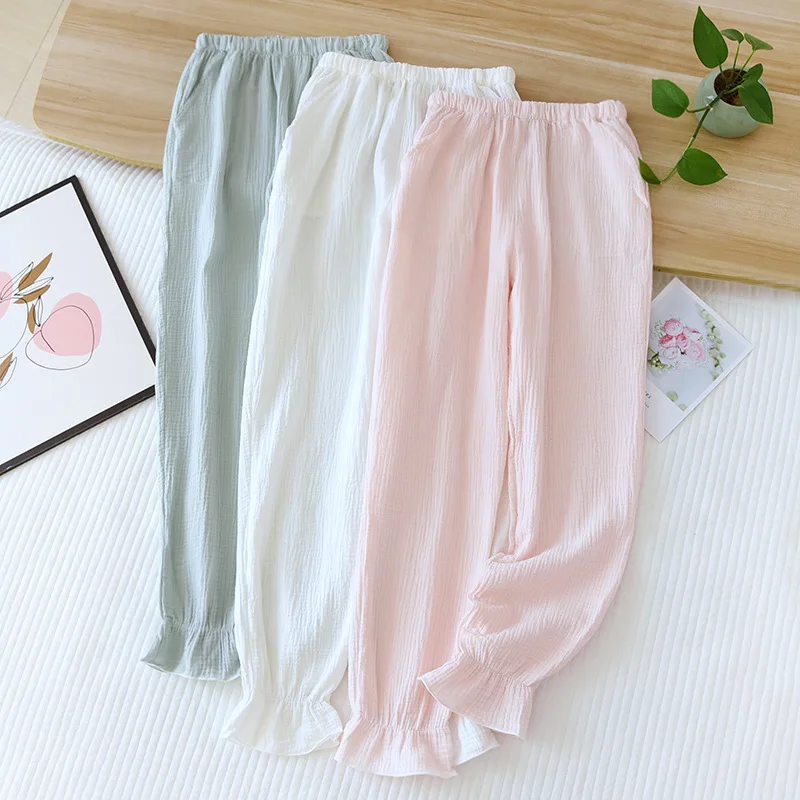 Summer Pajama Pants Womens 100% Cotton Gauze Loose Sleep Bottoms Elastic Waist Solid Lounge Pants Loose Sleepwear Home Wear