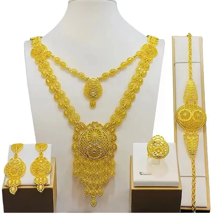 Dubai Gold Color Jewelry Set Double Layered Necklace Big Pendant Sets For Women African Bridal Wedding Party Jewellery Gifts