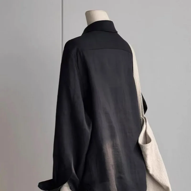 Black High-end Cotton and Linen Tops Women Spring Summer New Long Sleeved Shirt Korean  Fashion Lazy Loose Fitting Blouse Woman