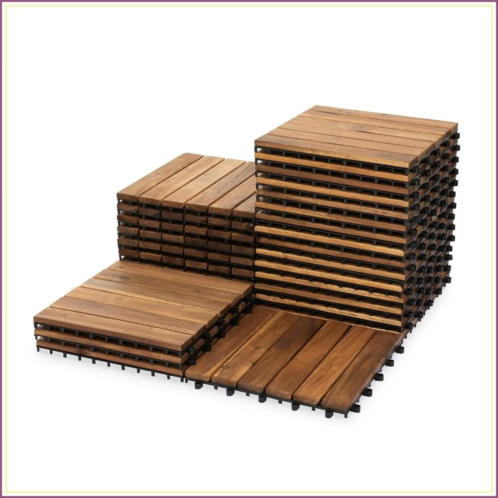 Acacia Interlocking Deck Tiles 27 PCS Wood Flooring 6 Slats Honey Oak